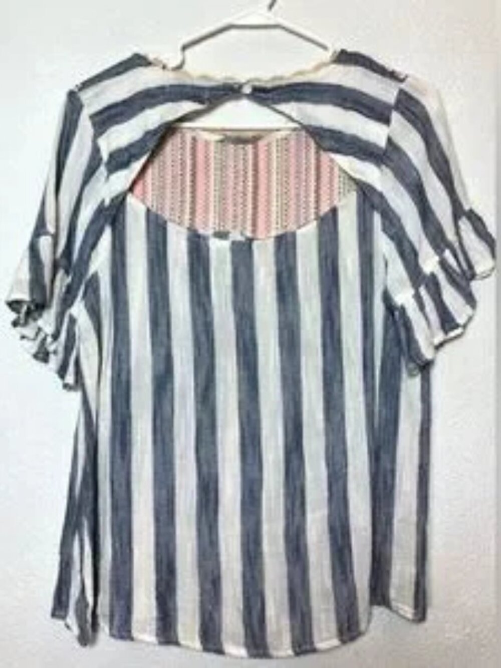 THML Navy & White Striped blouse with Pink Embroidered Yoke